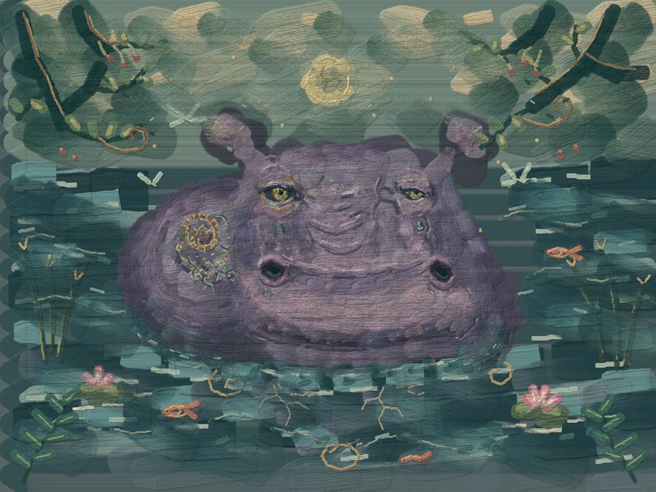 Painting of a purple hippopotamus in green water