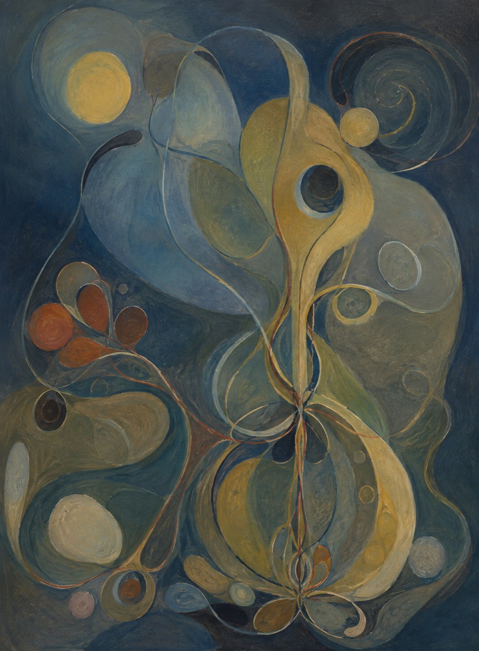 Abstract painting with blue and gold swirling shapes
