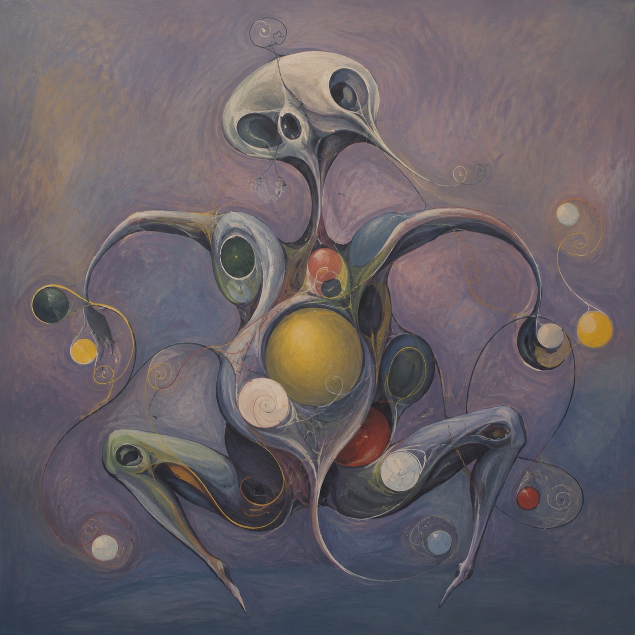 Abstract painting with floating forms on a purple background