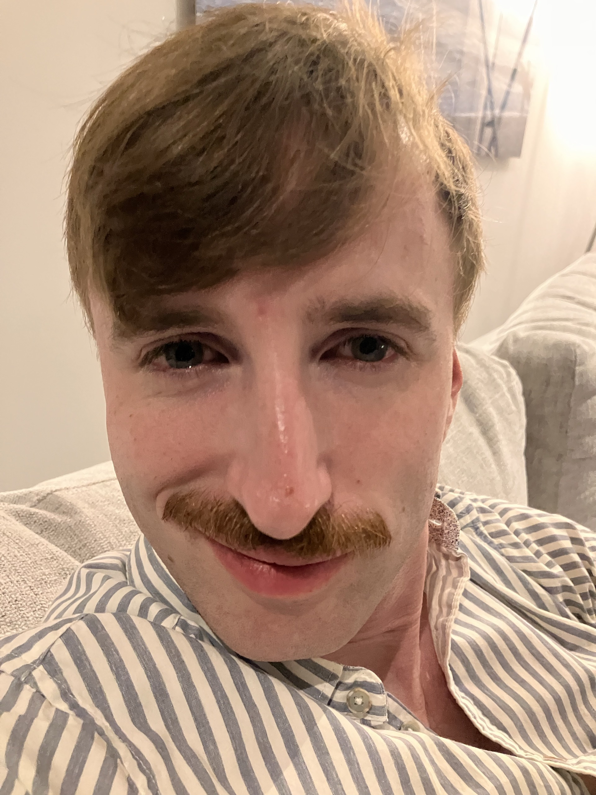 Portrait of a person with a mustache wearing a striped shirt